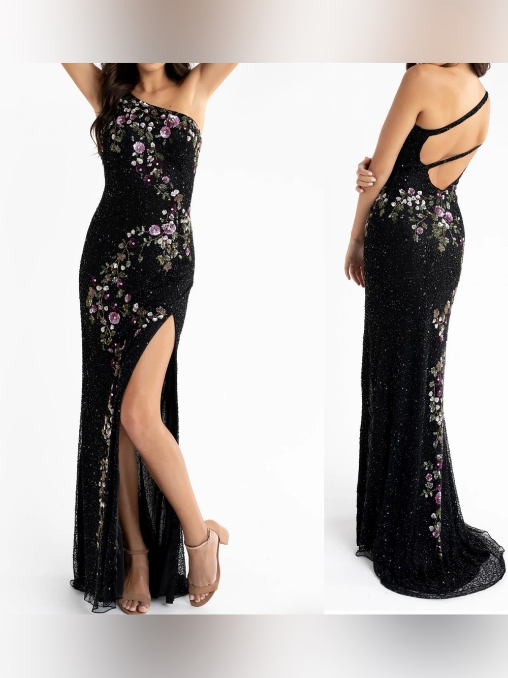 One-Shoulder Black Sequined Evening Gown by Primavera (Style 3928)